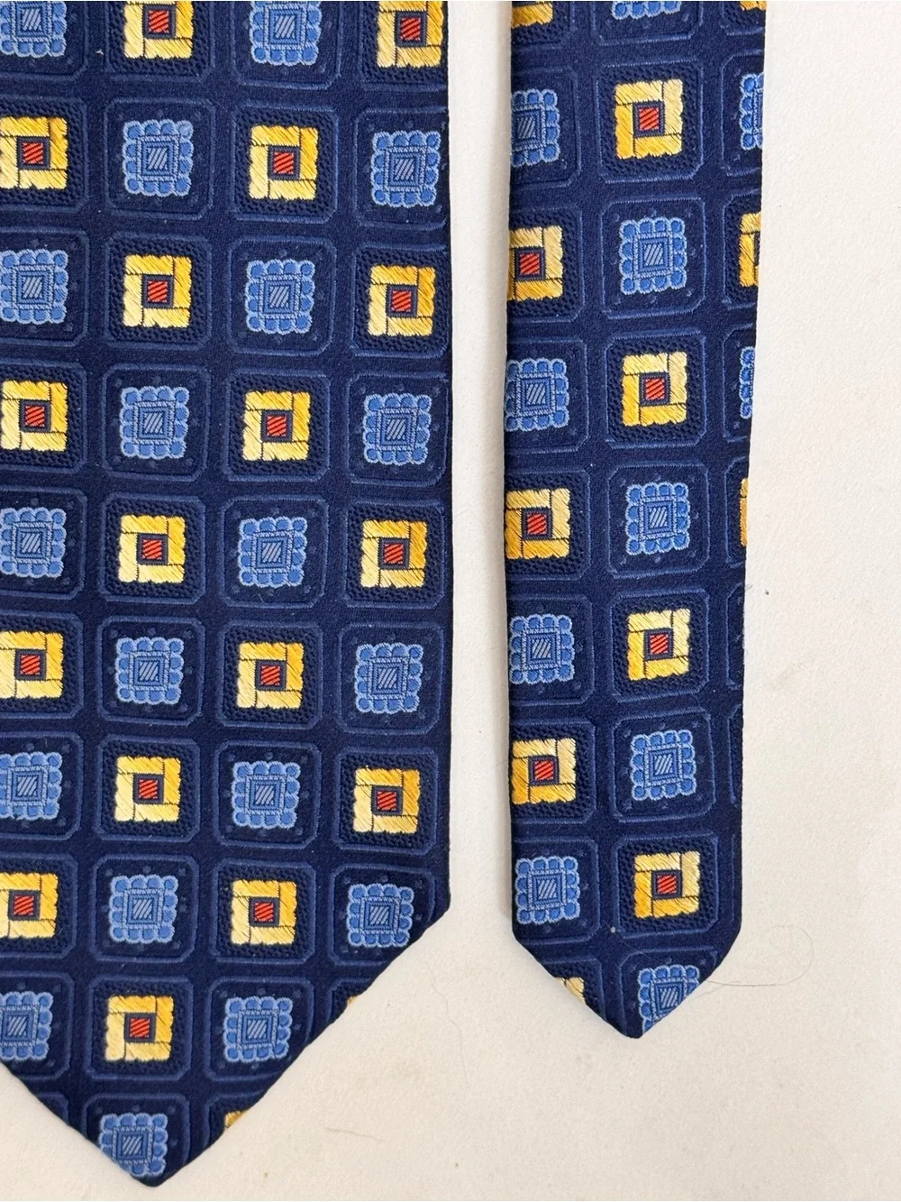 Robert Talbott Men’s Necktie XL Navy Silk Tie Blue & Yellow Geometric Squares